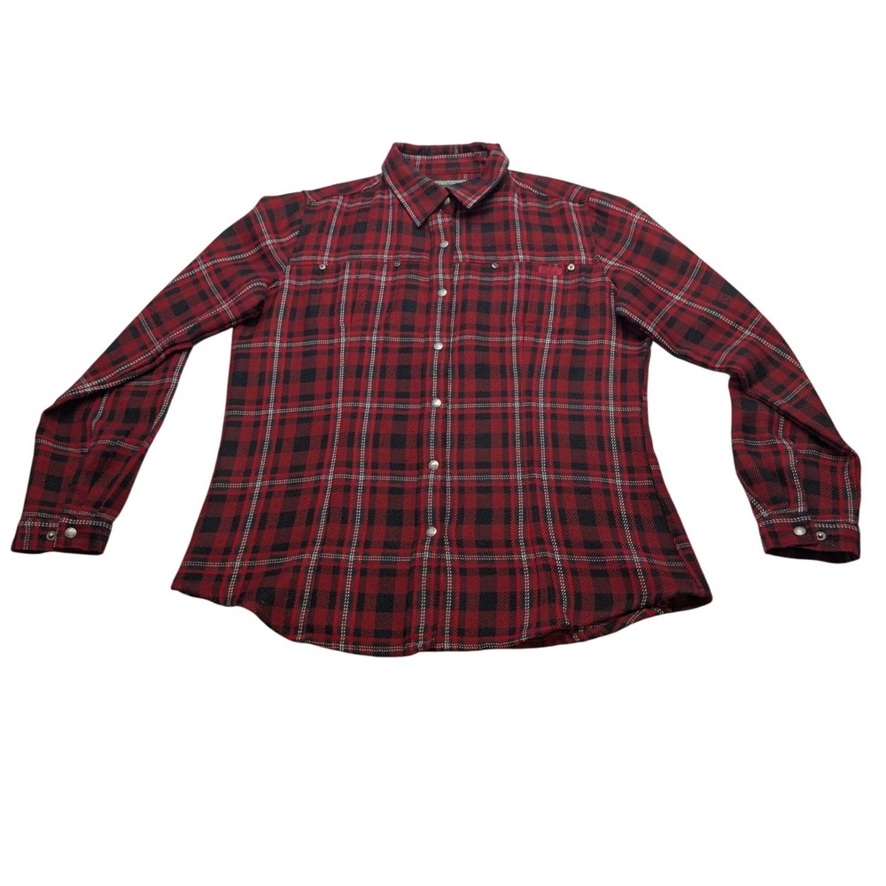 Woolrich Flannel Shirt‎ Womens Large Red Black Plaid Snap Button 2294 Ruby